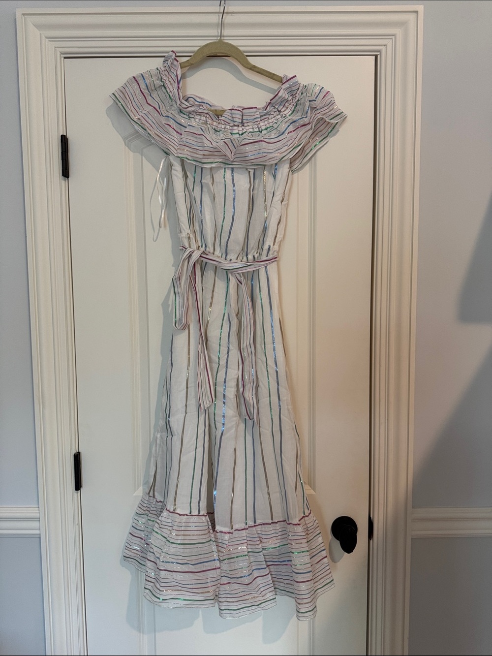 Aqua Off-Shoulder White Maxi Dress with Pastel Stripes